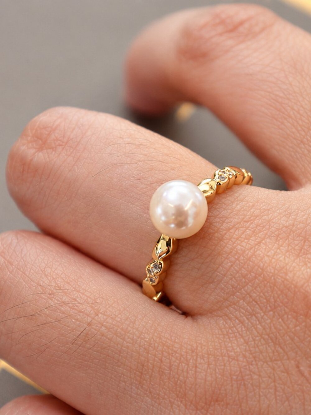 Freshwater Pearl & CZ Adjustable Ring 14K Gold Plated Brass